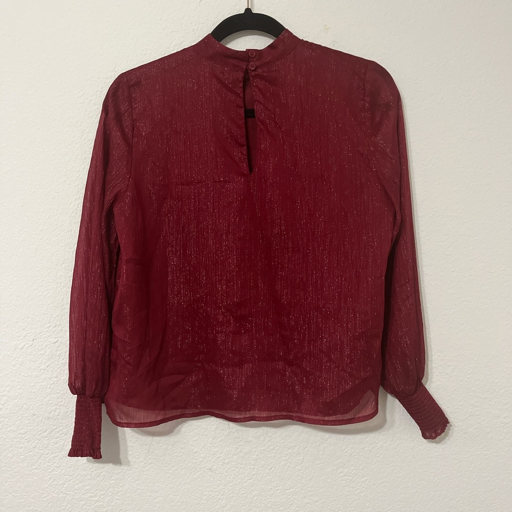 BB Dakota Red Sheer Shimmer Mock Neck Blouse Size Small‎ | Holiday Party Top - Picture 2 of 5